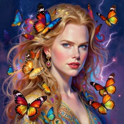 colorful butterflies, build a portrait of nicole kidman, intricate, vibrant colors, glowing light, ambient lightning, digital painting, highly detailed, ray tracing, artstation, concept art, smooth, sharp focus, illustration, art by artgerm and greg rutkowski and alphonse mucha, 8 k