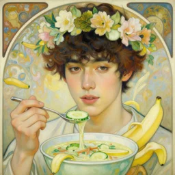 painting of young handsome beautiful dark medium wavy hair man in his 2 0 s named shadow taehyung wearing a floral hair crown at the cucumber and banana soup party, elegant, clear, painting, stylized, delicate, soft facial features, art, art by alphonse mucha, vincent van gogh, egon schiele
