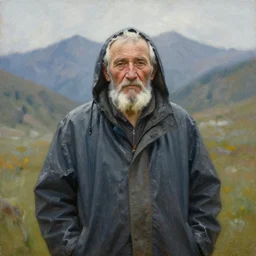 portrait of a very old shepherd in a raincoat against the backdrop of mountains, oil painting
