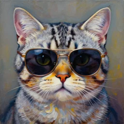 cool cat wearing sunglasses by GEOGLYPHIKS by  MICHAEL DIVINE and by AMANDA SAGE in the style of oil painting visionary art, intricate oil painting artwork. , trending on artstation, very coherent symmetrical artwork, oil painting