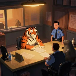 a tiger butcher is being interrogated by a detective seal at the police station, new york, cartoonish, zenith view, warm color palette, night time, dramatic lighting, noir film, fine details, high contrast, blacksad, kim jung gi, greg rutkowski, trending on artstation, 8 k, ultra wide angle