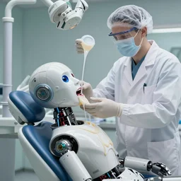 a scientist standing over an android. the android is sitting in a dentist's chair. a white viscous liquid is pouring from the scientist's mouth like a river, into the mouth of the android. 3 5 mm 8 k hdr realistic