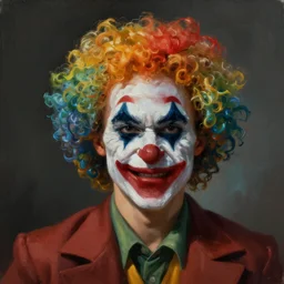 oil matte painting, man with a mustache and clown wig with evil grin. digital painting, fantasy, concept art, cinematic colors, realistic shaded. by ilya kuvshinov, magali villeneuve, artgerm, greg rutkowski