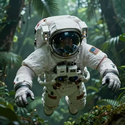 portrait close - up shot, of space astronaut flying in tropical jungle with big palm leaves, gloomy green lights, highly detailed science fiction illustration by jeremy geddes. photorealistic, octane render, hyper detailed, 8 k, movie still, artstation, unity engine,