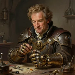 an ultradetailed portrait of robin williams dressed as an artificer, tinkering with a magic steampunk power glove, tiny tools in a workshop, d & d, fantasy, intricate, elegant, highly detailed, digital painting, matte, sharp focus, illustration, art by john collier and albert aublet and krenz cushart and artem demura and alphonse mucha