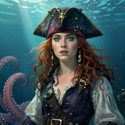 steampunk pirate portrait of emma stone, underwater, octopus, pixar style, by tristan eaton stanley artgerm and tom bagshaw.