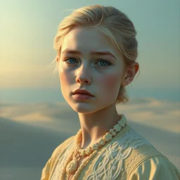 portrait of a beautiful girl, sea dunes backdrop, sad, pastel shades of light blue and light yellow, beautiful face, rule of thirds, intricate outfit, spotlight, by greg rutkowski, by van gogh, by rineke dijkstra, digital painting