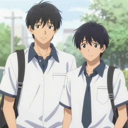 boy's love anime high school noon, high detail concept art, perfect proportions fine face, tall handsome guys, close together romantic undertones, avant designer uniform, vivid colors, realistic shaded lighting poster fantasy art ilya kuvshinov, katsuhiro, jeremy lipking and michael germash, makoto shinkai, loish and clamp style, best selling artist