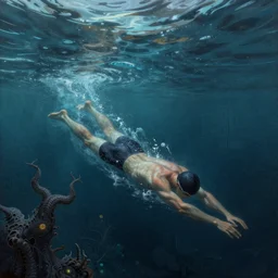 swimming in the ocean depths, cosmic horror painting, elegant intricate digital painting artstation concept art by mark brooks and brad kunkle detailed