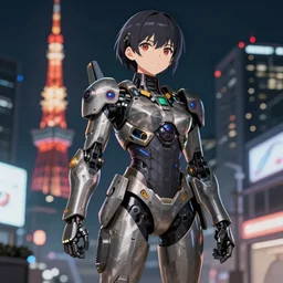full body image of anime girl in mechanic armor in night tokyo by makoto sinkai, fine details, perfect face-H 640