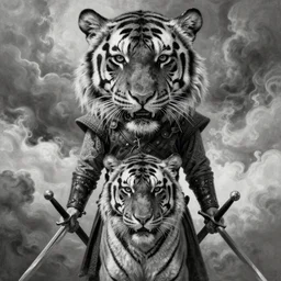 by Tom Bagshaw, soft ultra realistic painting of a viking with his two swords. In front of him, there is a tiger, horror, omnipresent sky, symmetry of the precise features, very complex details, black and white, volumetric luminous clouds