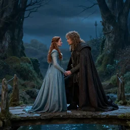 , Arwen and Aragorn having a romantic moment on the bridge at Rivendell, evening, detailed matte painting, cinematic, Alan Lee, Artstation