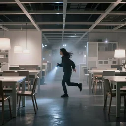 woman holding a flashlight running through a closed ikea interior, cinematic lighting, furniture, store interior, night, minimalism, terrifying, landscape, fog, artstation