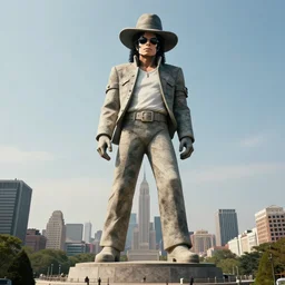 extremely massive 3 d stone statue landmark of michael jackson billie jean pose with hat tower over a city full wide shot, full body, massive motion blur, real life, spotted, leaked, ultra realistic, accurate, sighting, 4 k, movie still, uhd, sharp, detailed, cinematic, render, modern