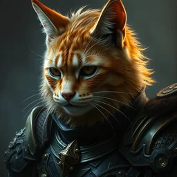 an concept art of the cat king, ginger hair, one eye, intricate details, detailed face, detailed armour, artstation, epic pose, ambient light, by rembrandt