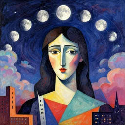 post - minimalism comic abstract cubism portrait of triangle city, top down view, the moon orbiting other moons, iridescent clouds, vibrant color scheme, highly detailed, in the style of romanticism, cinematic, artstation, moebius, greg rutkowski