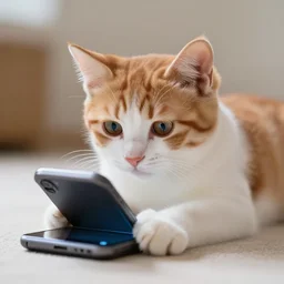 cute kitten playing on mobile phone, orange and white
