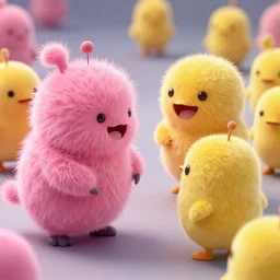 a battle between the pink fluffs that have super fluffy fur and the yellow squibs, volumetric lighting, epic, digital art