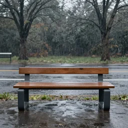 a wide - shot illustration of a modern bench in the rain, the bench being the main focus, symmetrical with the frame, 1 6 k resolution, raining, trees in the background, mid - winter, zoomed out, ambient lighting