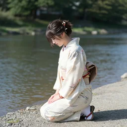 a woman in a kimono kneels on the riverbank