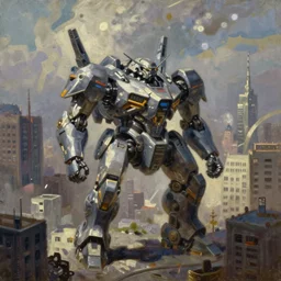 an armored core v in the city by liam wong, oil painting