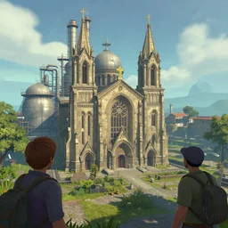 A cement factory above a royal cathedral, portal 2 screenshot, satisfactory screenshot, outer wilds screenshot, digital art, artstationhq, Jordan Grimmer and Victor Mosquera