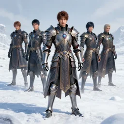 wide shot, cyber knight character, in a large snowy field : casey weldon, hsiao - ron cheng, hugh kretschmer, scott listfield, wayne barlowe : ornate, dynamic, particulate, rich colors, intricate, elegant, highly detailed, centered, artstation, smooth, sharp focus, octane render