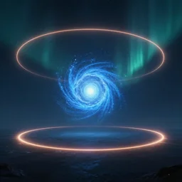 1 symmetry magnificent halo above the horizon with 5 smaller glowing rings scattered on the edge, super wide angle, a dramatic cg matte painting, a lonely gigantic interstellar portal with a blue vortex formed by mysterious photons in the middle, octane render, ight effect, symmetry, aurora night sky, futurism, by john harris