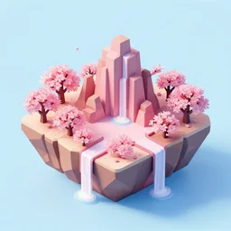 matte 3d low poly cherry blossom island, pink waterfalls, isometric perspective on sky background, soft shadows, lat lighting, trending on artstation, 3d render, monument valley, fez video game,