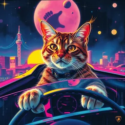 a close - up grainy, painting, a crackhead cat, in a lamborghini, floating above the metaverse, glitch art, neon colors, style by moebius and kim jung gi and barlowe wayne