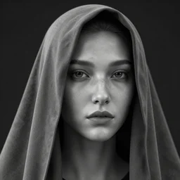 women with cloth over her head that show the contours of her face, highly detailed, modern, digital art, black and white, unreal engine
