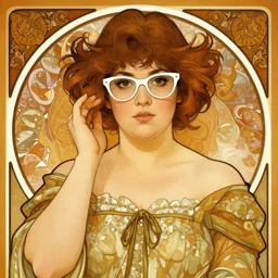 portrait of a curvy stocky romanian woman, brown hair, messy bob, brown eyes, romanian, white glasses, glasses, white reading glasses, librarian, wide shot, digital art, alphonse mucha, loish, art nouveau, 8 k, trending on artstation