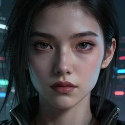 android, killer - girl, 1 / 8 katsuya terada, style of cyberpunk, night, city, high detail of the cinematic face, two eyes, nose, mouth