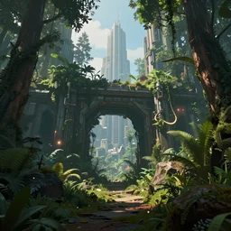 portal to a cyberpunk city inside a lush forest, fantasy render, unreal engine 5, octane render, 8k