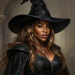 mindblowing, serena williams as a female warlock, black wizard hat, robes, deep focus, d & d, fantasy, intricate, elegant!!, beautiful, highly detailed, digital painting, artstation, concept art, matte, sharp, illustration, hearthstone, art by artgerm and greg rutkowski and alphonse mucha