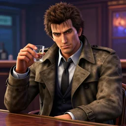 video game still of police detective columbo ( played by young peter falk ) in his messy trenchcoat, sitting at a cocktail bar, holding a small glass in the video game yakuza zero. detailed pores