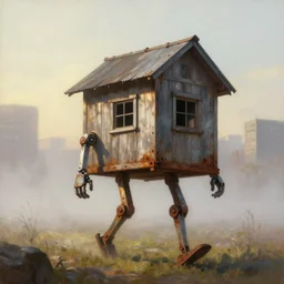 a walking wood and metal house with two mechanical legs and two glowing eyes, rust, hyperrealistic, pareidolia, highly detailed, cinematic, single ray of sun, morning, fog, city in background, beautiful, cgssociety, artstation, 8 k, oil painting, digital art