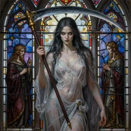 breathtaking detailed soft painting of a sensual grim reaper in gauze dress with a big scythe, with long hair and piercing eyes, in an intricate medieval stained glass, rembrandt style, elegant, highly detailed, artstation, concept art, matte, sharp focus, art by tom bagshaw, luis royo and greg rutkowski