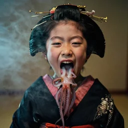 realistic portrait photography of a japanese geisha 3 5 years old mouth open by daikichi amano, short hair, worms and squid coming out of the mouth, cinematographic, cinematic light, grainy image, intense, a bit of smoke and fog around, filth and grim, 8 0 mm lens,