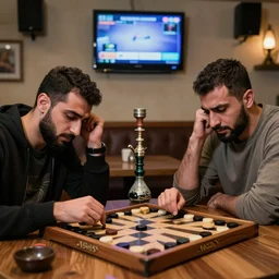 Two photorealistic Lebanese men playing backgammon, action scene, both stressed, in a cloudy shisha bar, tv hanging in the background