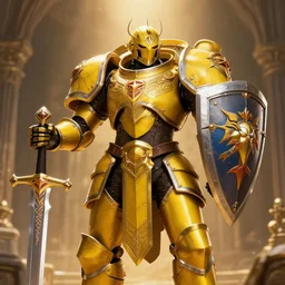 dynamic portrait of a intricate glorious holy mechanical warforged character in yellow armor holding a paladin engraved great longsword and carrying a big paladin shield, spotlight from face , epic , trending on ArtStation, masterpiece,  cinematic lighting, by Jesper Ejsing and by Philippe Druillet and by Yoann Lossel