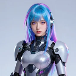 A beautiful portrait of a cyberpunk mecha queen with neon hair, digital art by Ross Tran and Dan Mumford, vibrant color scheme, highly detailed, outrun art style