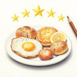 Colored pencil art on paper, Five star morning breakfast, highly detailed, artstation, MasterPiece, Award-Winning, Caran d'Ache Luminance