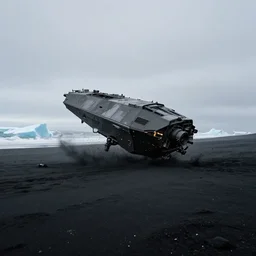 matte painting of military spacecraft crashing into an endless black sand beach in iceland with icebergs in the distance, trending on artstation, octane render, hd, 8 k