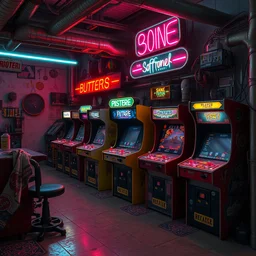 batch of retro derelict biopunk arcades made of meat, bones and flash, placed on open space, neon, cyberpunk