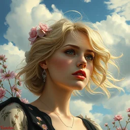 close - up fashion blonde woman portrait airy flowers cloudy sky art by vasnetsov