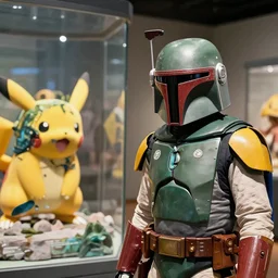 Boba Fett talking to a pokemon in a museum, Comic-style art, Hyperrealistic