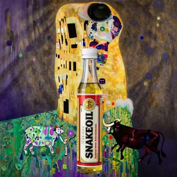 Uncle Aloysius sparks a never ending bull run with patented SNAKEOIL brand edible crypto stimulant drink, mixed media, by Tadanori Yokoo, Hannah Hoch, Nam June Paik, Gustav Klimt, purple green color scheme