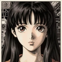 japanese sci fi horror girl with big eyes, character portrait, portrait, close up, concept art, intricate details, highly detailed, vintage sci - fi poster, in the style of chris foss, rodger dean, moebius, michael whelan, and gustave dore