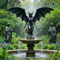 a statue of black demon atop a fountain in a lush dense verdant garden by norman rockwell and ferdinand knab and gil elvgren and john atkinson grimshaw, bat wings, mist, hyperrealism, volumetric lighting, god rays, ultrafine details, sfumato, purple flowers, overgrown